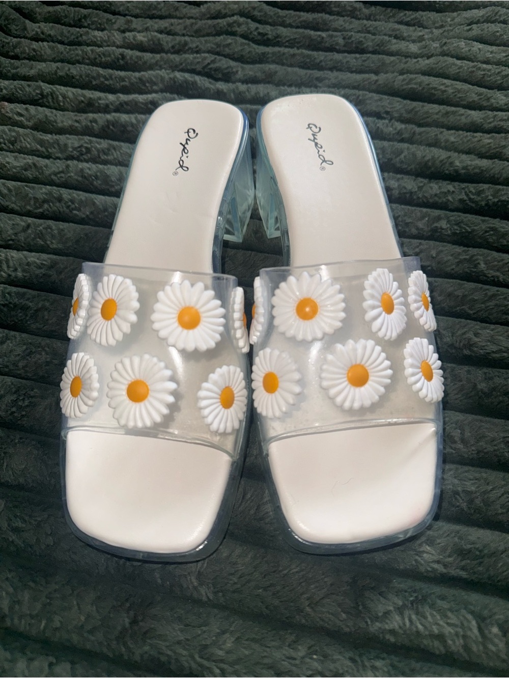 Qupid Clear Daisy Mules with White and Yellow Accents